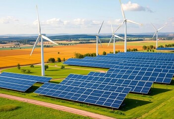 Wind turbines and solar panels on a green landscape, showcasing ESG principles,  graphic,  solar panel
