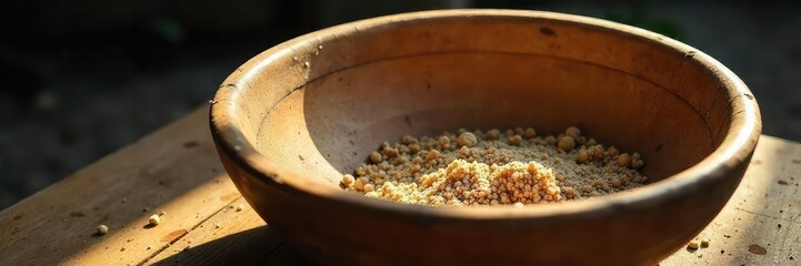 Close-up shot of an empty, worn wooden bowl, suggesting poverty and lack of food Dust motes dance in a sunbeam highlighting the emptiness , corn, malnutrition