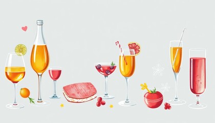 Whimsical vintage-style hand-drawn wedding food & drinks illustrations,  dessert,   background