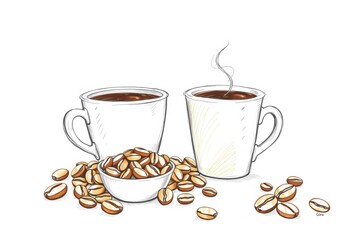 Whimsical pencil sketch of coffee cups, beans, and steam; messy, cute doodle style,  drink,  latte