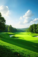 Serene golf course fairway meandering through lush green meadows, sunlight dappling the grass A picturesque landscape ideal for relaxation and recreation , peaceful, putting green, nature