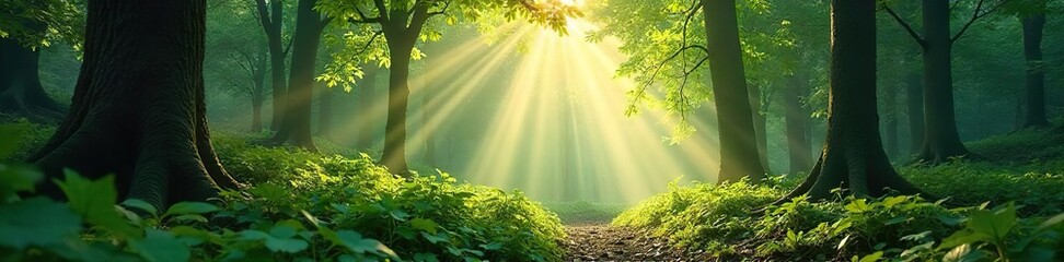 Sunlit Forest Floor Ethereal Autumn Glow Illuminating Lush Woodland Undergrowth
