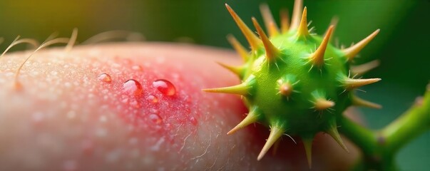 Close-up of a thorny plant, its prickles causing a visible reaction on sensitive skin A representation of the irritating nature of some plants and the discomfort they cause , reaction, sting