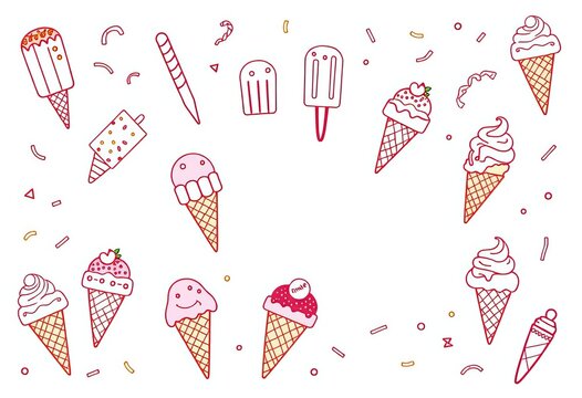 Whimsical line art ice cream bars, cones, sprinkles, and lettering in a playful doodle style,  simple,  frozen