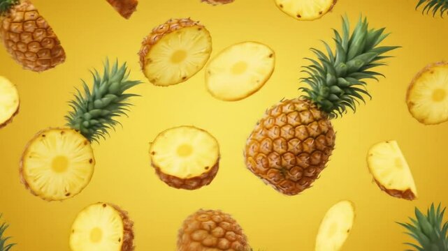 Multiple pineapples whole and sliced moving dynamically against yellow background vibrant and