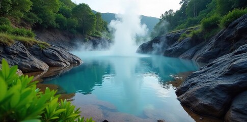 Steaming geothermal water flows into a tranquil natural pool, surrounded by lush green vegetation and smooth, dark rocks The warm mist creates an ethereal atmosphere , rocks, greenery, energy