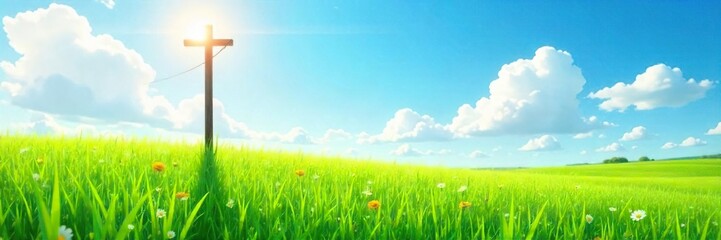 Vibrant summer scene featuring a tall, slender pole standing amidst lush green fields under a bright, sunny sky Perfect for themes of summer, nature, freedom, and growth , flora, aspiration, slender