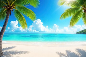 Sun-drenched beach scene with vibrant turquoise water, fluffy white clouds, and palm trees swaying gently in the breeze Perfect for summer vacation themes , joyful, waves