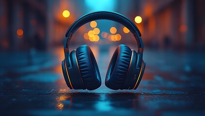 Headphones on City Street at Night Urban Soundscape