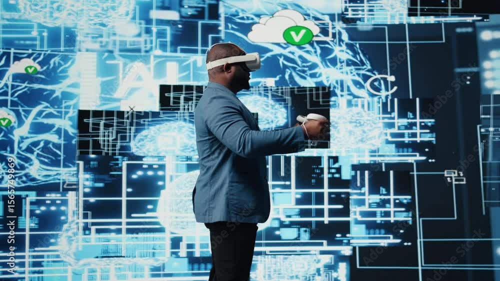 Poster black businessman using advanced technology vr headset tools to explore data science, automation and