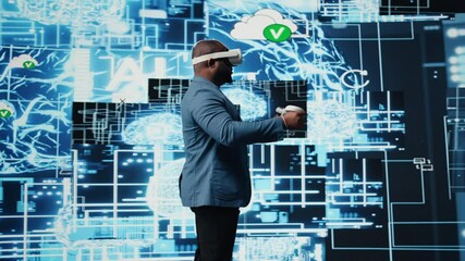 Black businessman using advanced technology VR headset tools to explore data science, automation and AI ethics in a digital data processing environment. Works on machine learning. Camera A. - Powered by Adobe