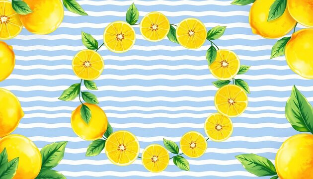 Watercolor lemon wreath frame, striped wave background, vibrant citrus pattern ideal for cards, illustration, holiday