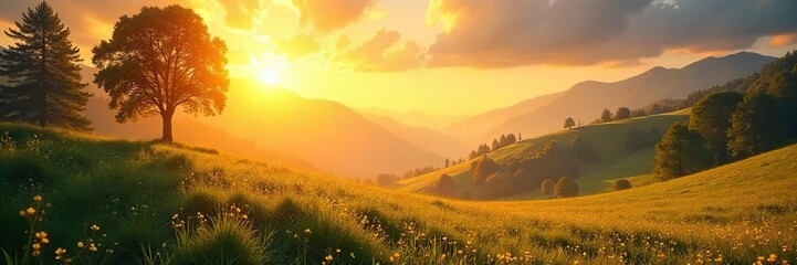A serene landscape bathed in golden sunlight, evoking a sense of wonder and inner peace, inspiring spiritual contemplation and imaginative daydreaming , universe, spiritual