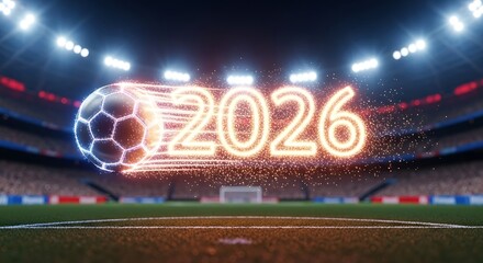 Soccer ball flying through the air in a stadium with 2026 neon lights.