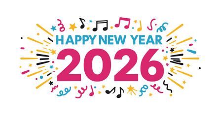 Happy New Year 2026 colorful banner. Festive doodle illustration with confetti, stars, and musical symbols for a holiday party invitation.