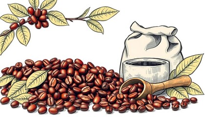 Vintage sketch of coffee beans, leaves, branch, roasted beans, bag, scoop, cup,  roasted,  arabica