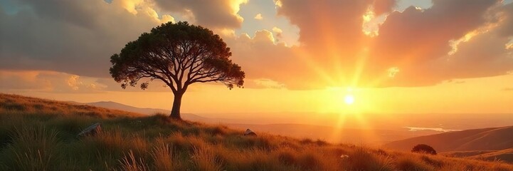 A solitary tree stands tall against a vast, untouched landscape, bathed in the golden light of sunset The scene evokes a sense of peace and quiet solitude in nature's embrace , root, wood