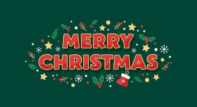 Merry Christmas. Festive holiday greeting card with typography, holly, stars, and snowflakes on a green background.