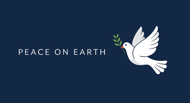 Peace on Earth. White dove of peace flying with an olive branch. Vector illustration for Christmas, hope, and harmony.