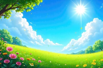 Obraz premium A vibrant summer scene featuring a cloudless blue sky and bright sunshine Perfect for travel, vacation, and weather-related projects Ideal for backgrounds and design elements , summer, heat