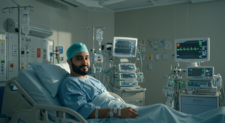 Recovering patient rests comfortably in a modern hospital room, gazing calmly at the camera.