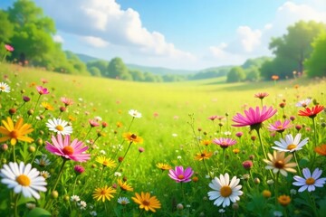 A vibrant summer meadow bursting with wildflowers of various colors, swaying gently in the breeze Perfect for nature, ecology, and environmental themes , flowers, spring