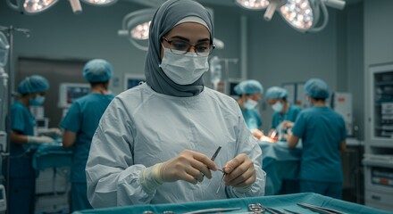 Focused female surgeon in hijab prepares surgical instruments in a modern operating room, showcasing dedication and precision in her medical practice.