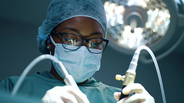 Close Up Young Black Female Surgeon Performing A Medical Procedure With Surgical Tools in Operating Room