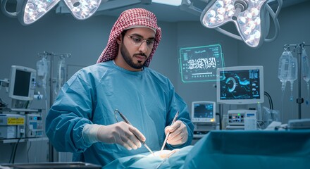 Focused surgeon in traditional attire performs delicate surgery in a modern operating room, a blend of cultures and advanced medical technology.