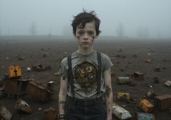 Naklejka premium Mud-Soiled Boy in Post-Apocalyptic Landscape with Rusty Debris
