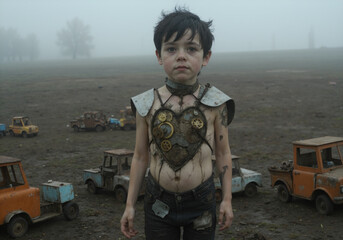 Naklejka premium Boy with Gear-Adorned Metal Heart Amidst Toy Trucks in Misty Field
