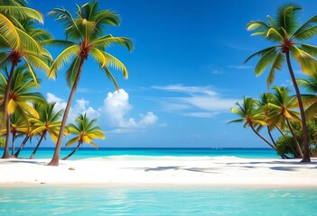 Naklejka premium Vibrant tropical beach scene with turquoise water, palm trees, and white sand, scenic, background