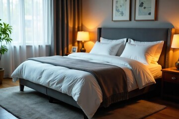 A plush mattress, inviting and perfectly made, ready for a relaxing sleep Soft lighting enhances the cozy, comfortable atmosphere, promising a restful night , deep sleep, relaxation, bedding