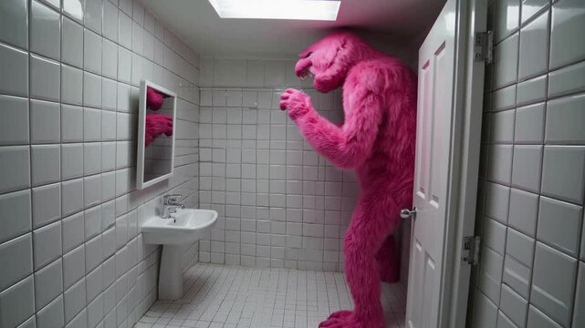 Monstre rose trop grand pour une petite salle de bain blanche