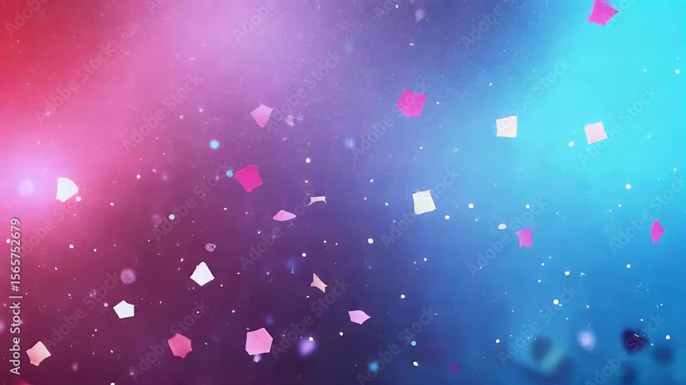 Poster abstract background featuring floating confetti in shades of pink and blue with bokeh effect particl
