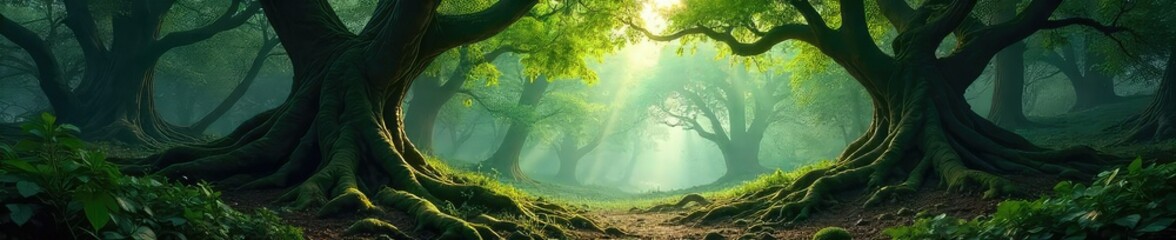 Fototapeta premium Ancient, gnarled heartwood trees form a dense, mystical forest, sunlight dappling the mossy undergrowth Perfect for fantasy, fairytale, or nature themes , branches, quiet