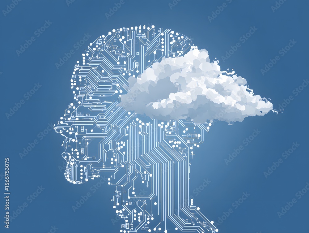 Poster digital mind and cloud technology: this image visualizes the fusion of technology and cognitive proc