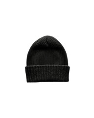 Black knitted beanie hat isolated on a white background