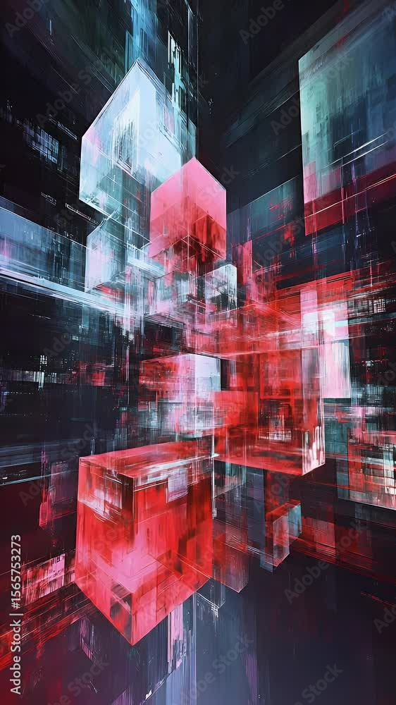 Poster abstract digital art featuring floating transparent cubes in shades of red and teal reflecting in a 