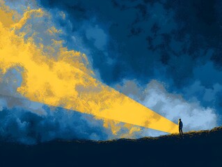 A silhouette of an individual stands at the crest of a hill, bathed in an ethereal beam of light emerging from a dramatic, dynamic sky, inviting contemplation on themes of hope, destiny.