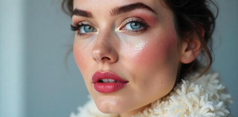 A frosty palette of winter makeup looks, featuring shimmering eyeshadows, berry lip shades, and subtle contouring for a January glow , festive makeup, cosmetic products, cold weather makeup