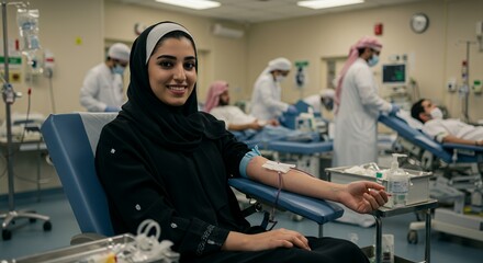 Young woman in hijab donates blood, smiling serenely in a modern medical facility.