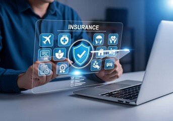 Insurance and assurance concept, Businessman using laptop with insurance icons for medical, life, car, home, travel insurance.