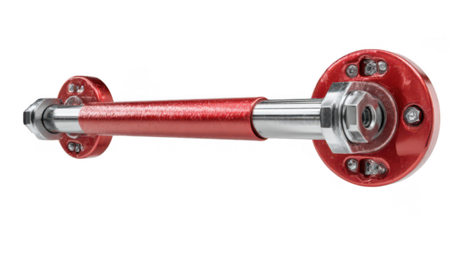 Shiny red metal pipe fitting with hex nut and bolts isolated on transparent background