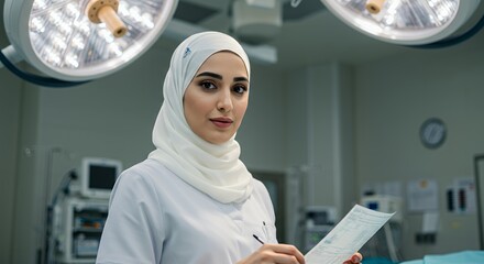 Confident female doctor in hijab reviews patient charts in a modern hospital operating room.