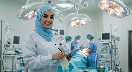 Confident female surgeon in hijab smiles while reviewing patient notes in a modern operating room.