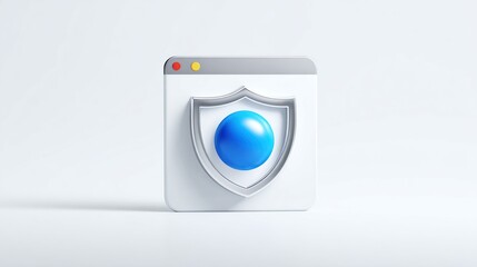 A 3D rendering of a white square browser window with a silver shield encompassing a blue sphere, symbolizing online security and protection against threats on a minimalist white background
