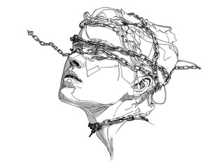 A person's face wrapped in chains, symbolizes captivity, confinement, and limitations. The monochromatic image draws attention to the intricate lines.