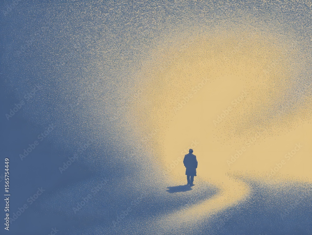 Poster a lone figure navigates a luminous path, walking toward a radiant light at the end of their journey.