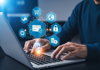 Digital online payment concept, financial transaction, banking and online shopping. Businessman using laptop to online payment.